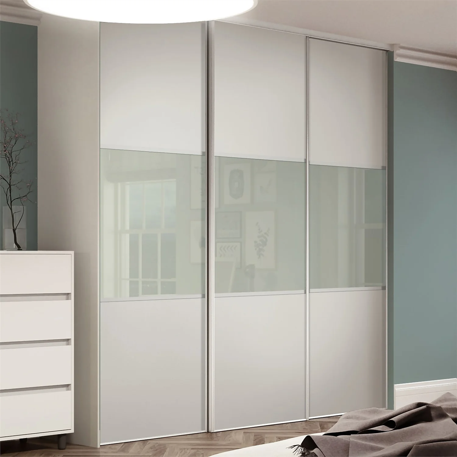 Linear Sliding Wardrobe Door 3 Panel White / Arctic White Glass With White Frame (W)610mm 4 Linear Sliding Wardrobe Door 3 Panel White / Arctic White Glass With White Frame (W)610mm - Image 2