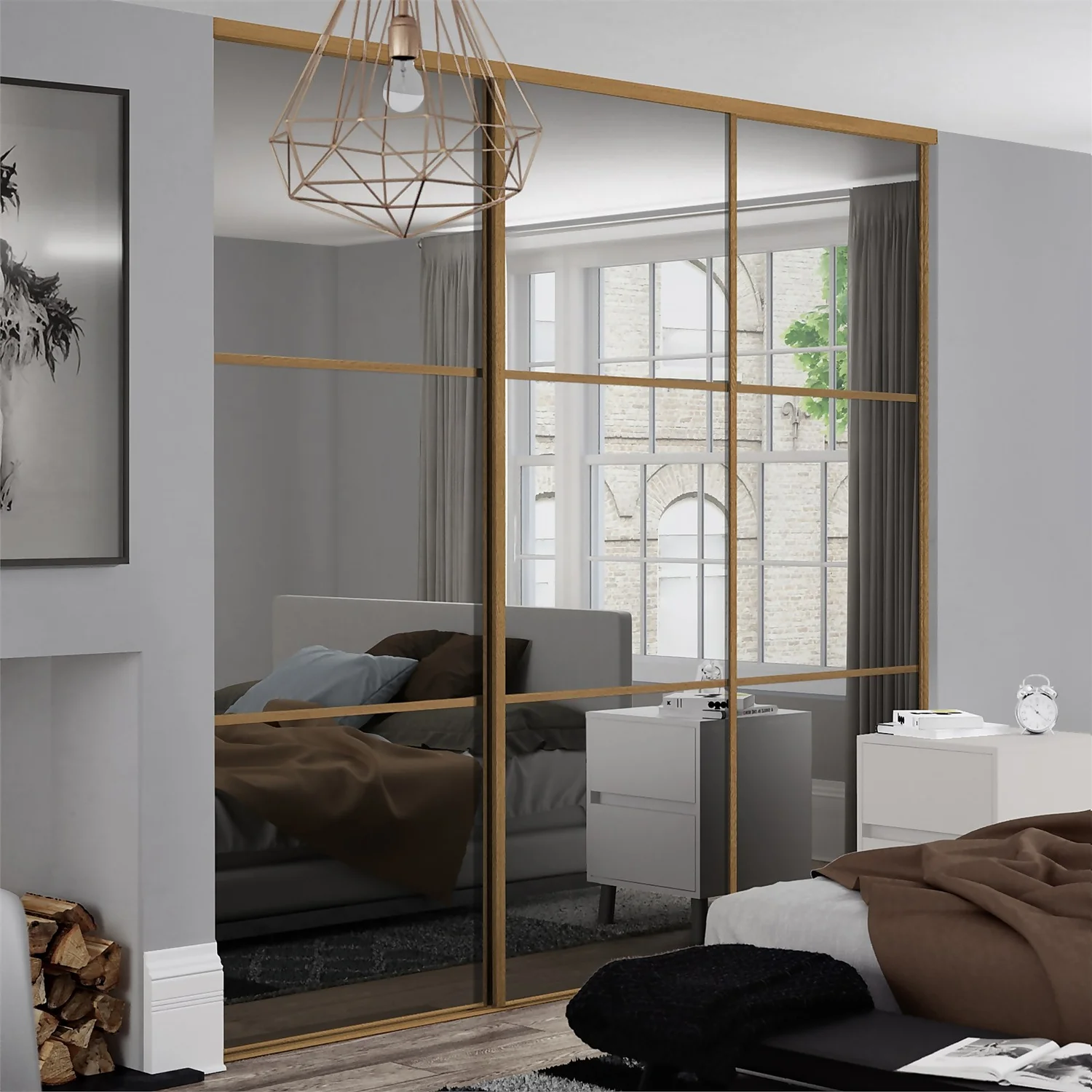 Linear Sliding Wardrobe Door 3 Panel Mirror With Oak Frame (W)914mm 4 Linear Sliding Wardrobe Door 3 Panel Mirror With Oak Frame (W)914mm - Image 2