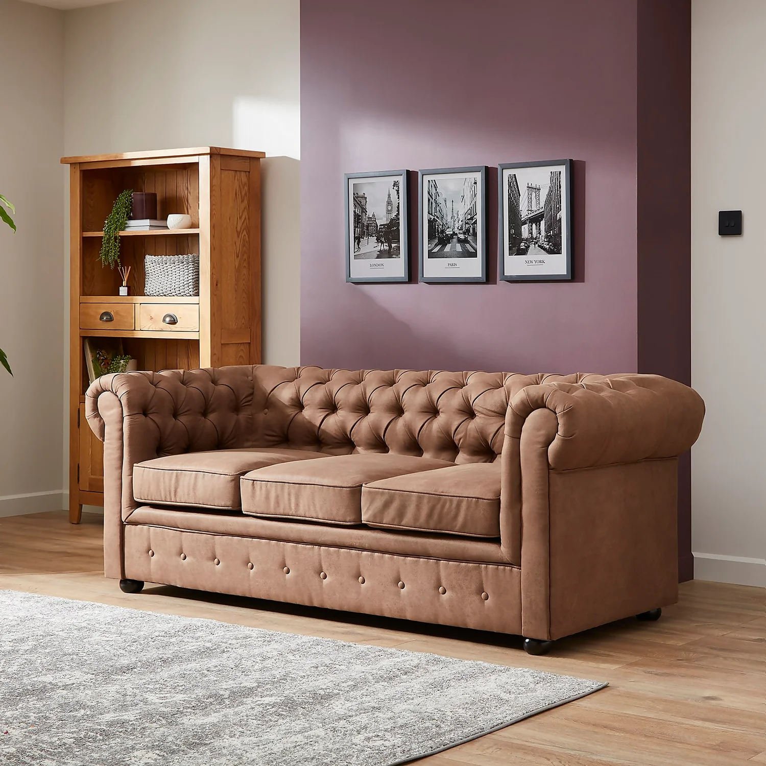 Chesterfield Faux Leather 3 Seater Sofa - Tan 4 Chesterfield Faux Leather 3 Seater Sofa - Tan - Image 2