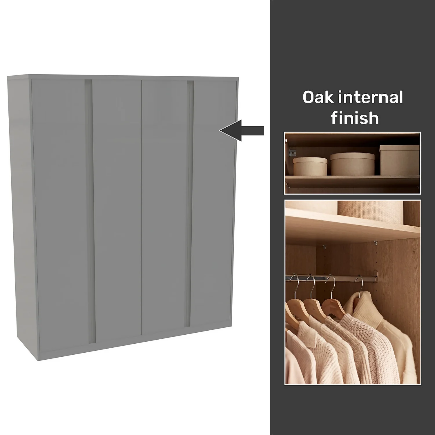 House Beautiful Escape Fitted Look Quad Wardrobe, Oak Effect Carcass - Gloss Grey Handleless Doors (W) 1840mm X (H) 2226mm 3 House Beautiful Escape Fitted Look Quad Wardrobe, Oak Effect Carcass - Gloss Grey Handleless Doors (W) 1840mm X (H) 2226mm