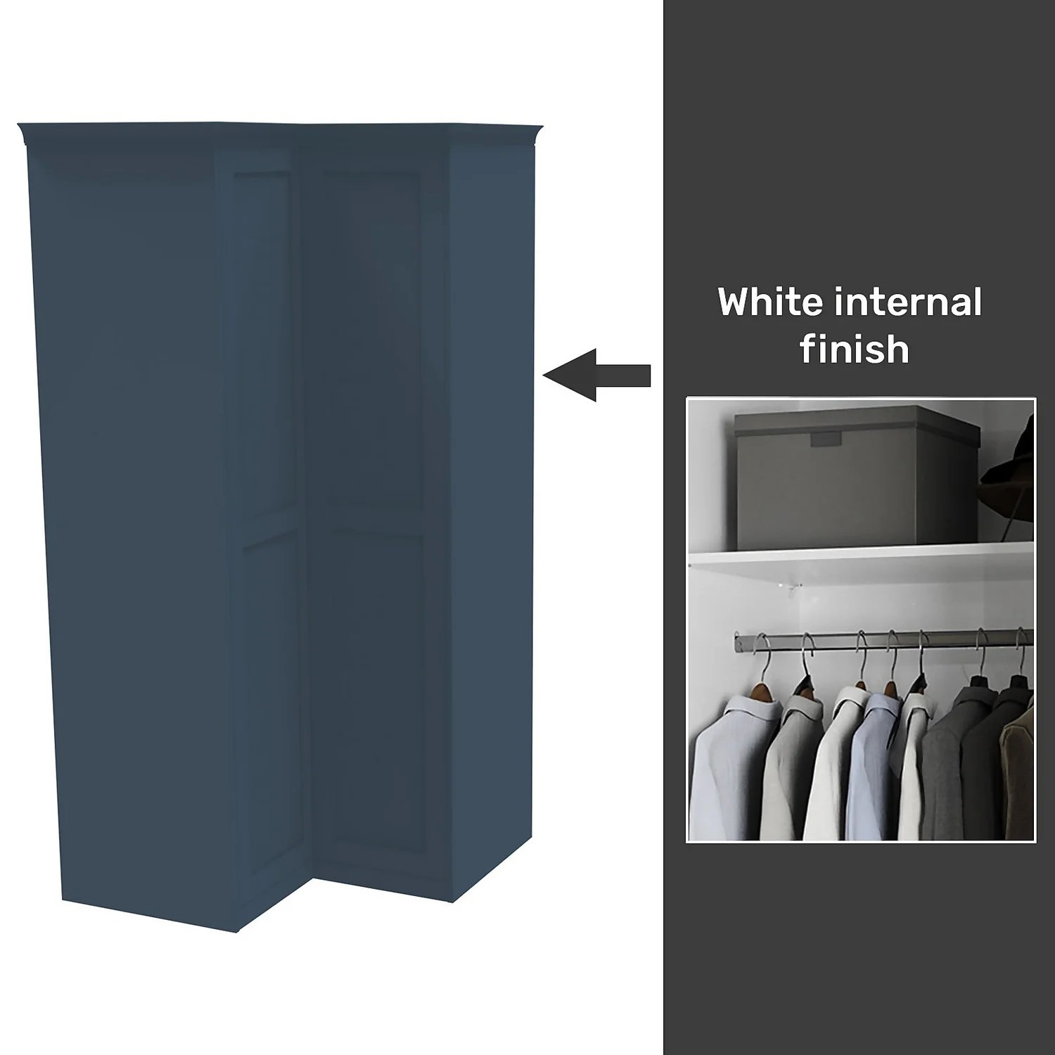 House Beautiful Realm Fitted Look Corner Wardrobe, White Carcass - Navy Blue Shaker Doors (W) 1103mm X (H) 2256mm 3 House Beautiful Realm Fitted Look Corner Wardrobe, White Carcass - Navy Blue Shaker Doors (W) 1103mm X (H) 2256mm