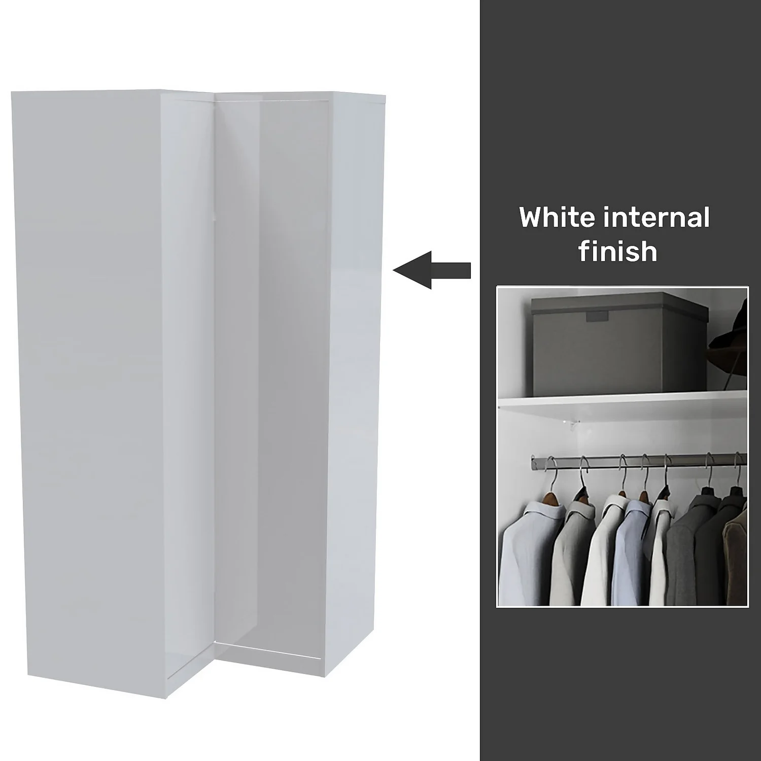House Beautiful Honest Fitted Look Corner Wardrobe, White Carcass - Gloss White Slab Doors (W) 1073mm X (H) 2226mm 3 House Beautiful Honest Fitted Look Corner Wardrobe, White Carcass - Gloss White Slab Doors (W) 1073mm X (H) 2226mm