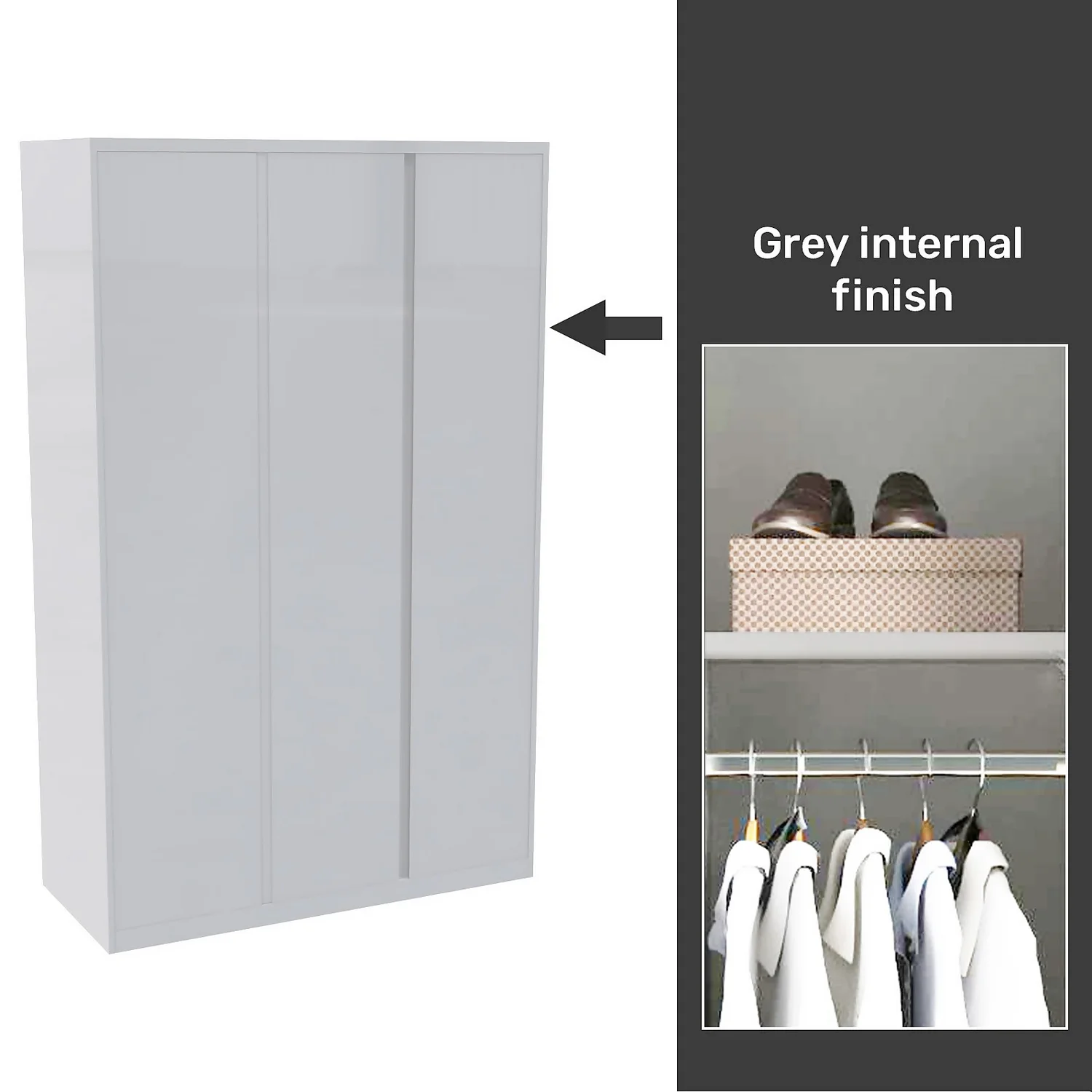 House Beautiful Escape Fitted Look Triple Wardrobe, Grey Carcass - Gloss White Handleless Doors (W) 1390mm X (H) 2226mm 3 House Beautiful Escape Fitted Look Triple Wardrobe, Grey Carcass - Gloss White Handleless Doors (W) 1390mm X (H) 2226mm