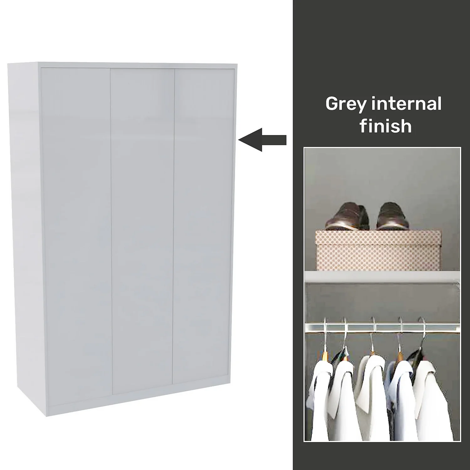 House Beautiful Honest Fitted Look Triple Wardrobe, Grey Carcass - Gloss White Slab Doors (W) 1390mm X (H) 2226mm 3 House Beautiful Honest Fitted Look Triple Wardrobe, Grey Carcass - Gloss White Slab Doors (W) 1390mm X (H) 2226mm