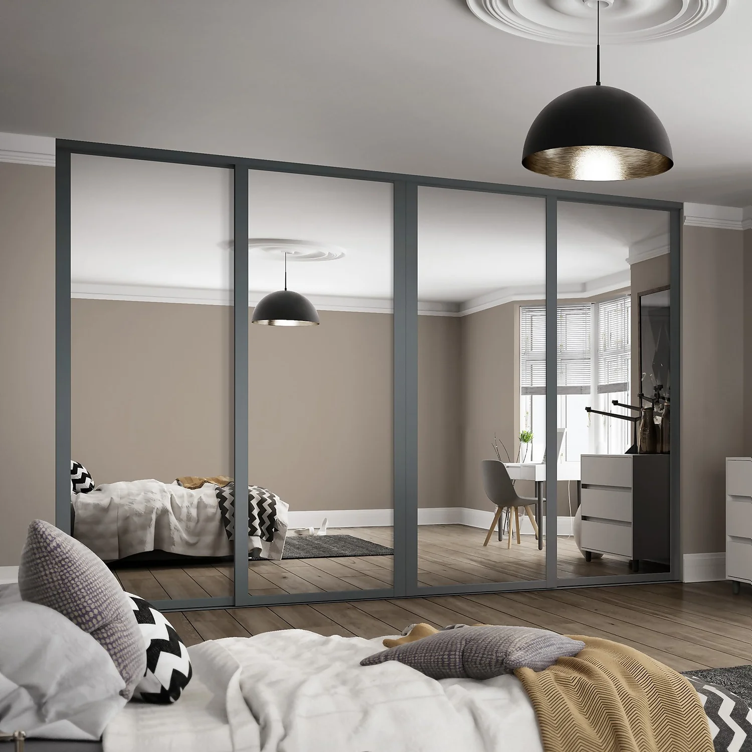Shaker 4 Door Sliding Wardrobe Kit Mirror With Graphite Frame (W)2290 X (H)2260mm 4 Shaker 4 Door Sliding Wardrobe Kit Mirror With Graphite Frame (W)2290 X (H)2260mm - Image 2